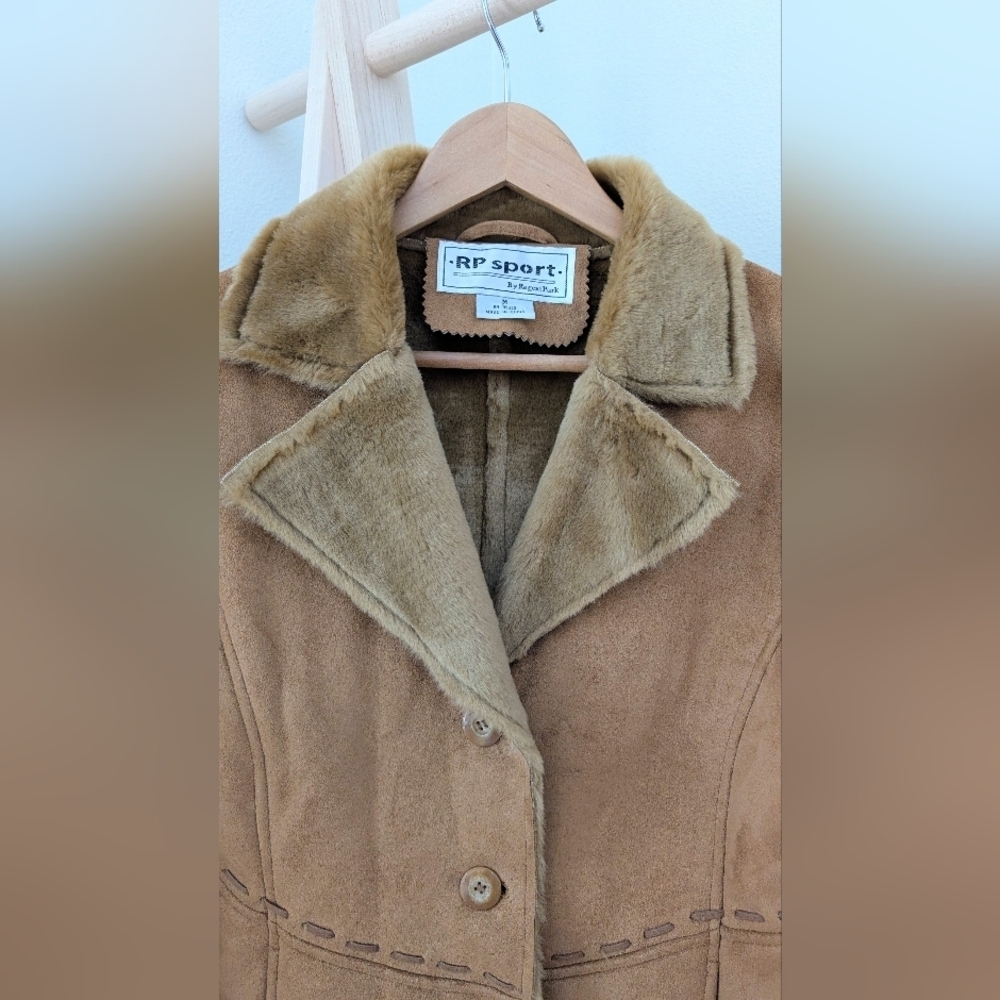 Vintage Faux Suede Faux Fur Collared Floral Embroidered Whipstitch Jacket Camel - Picture 6 of 7